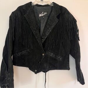 Vintage Fringe Winlit Leather Suede Women L Black Snape Western Biker Jacket